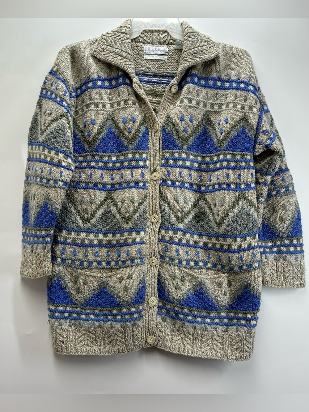 Vintage 90s Segrets Knitted By Hand Wool Cardigan Sweater Nordic Fair Isle Gray